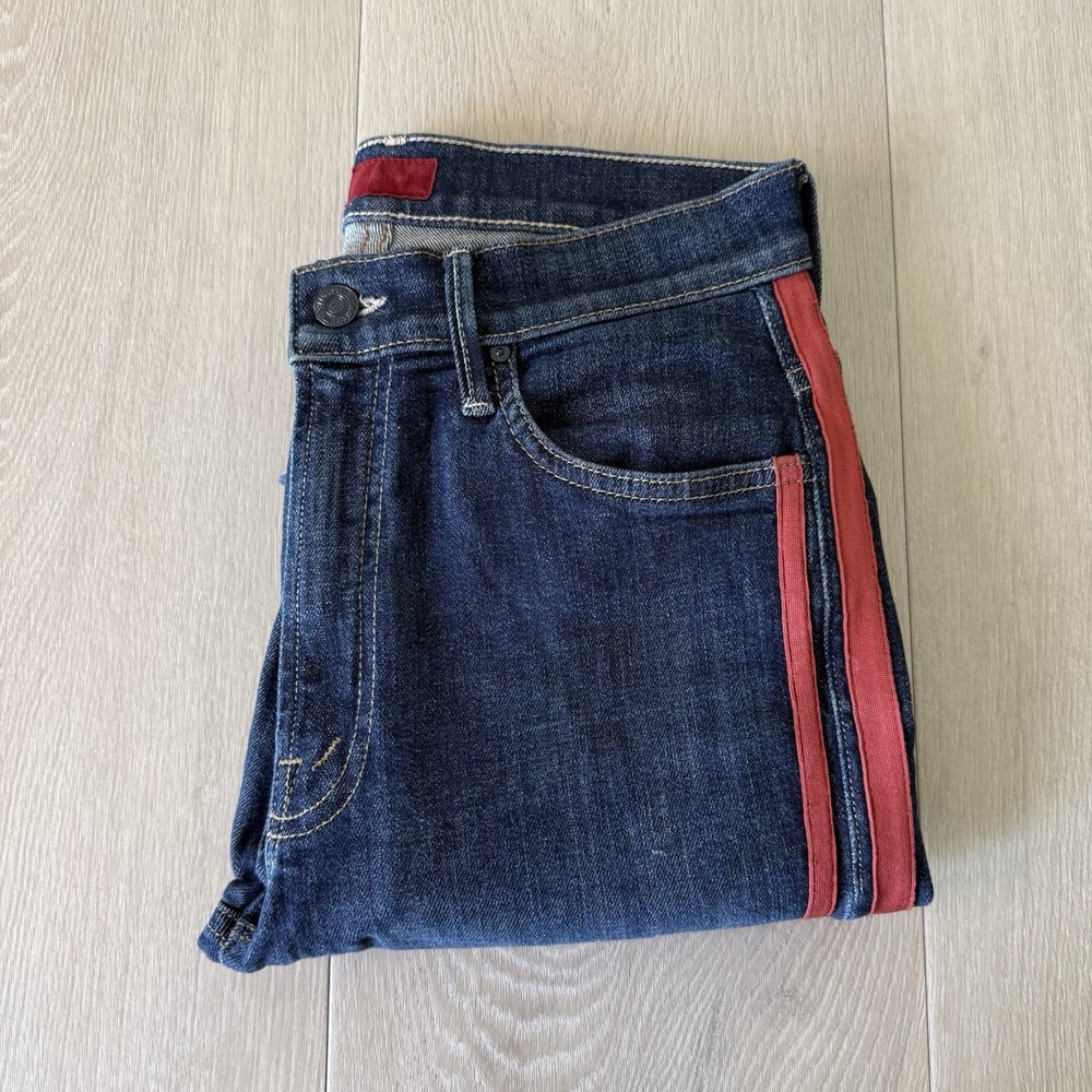 MOTHER The Insider Crop Step Fray Jeans Speed Racer Red Stripe Blue Denim Sz 26